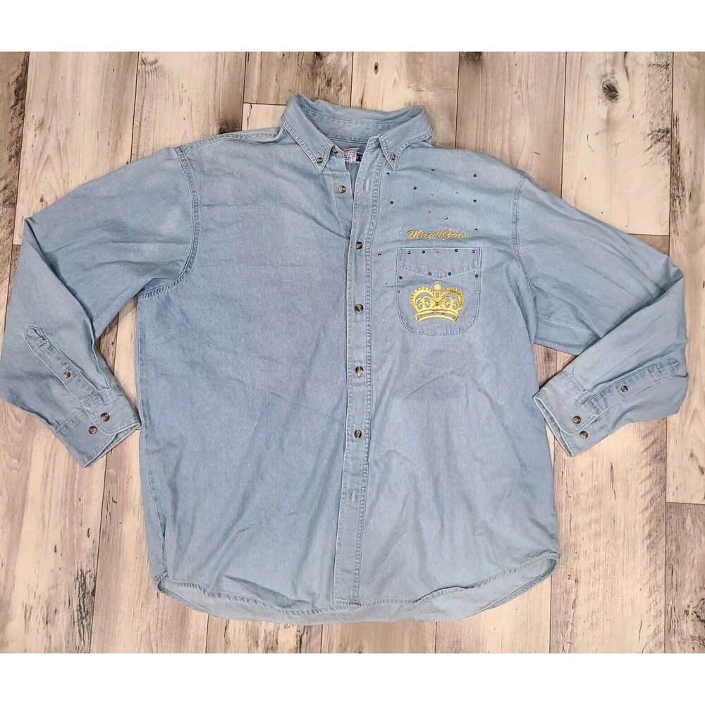 Vtg Mardis Gras Light Blue Denim Shirt Crown Front Pocket Women Size XL